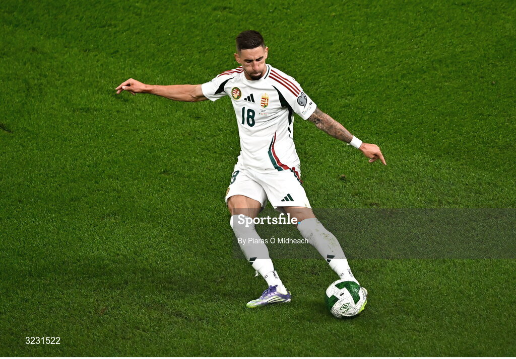 6 September 2025; Zsolt Nagy of Hungary during the FIFA World Cup 2026 Group F qualifying match between Republic of Ireland and Hungary at the Aviva Stadium in Dublin. Photo by Piaras Ó Mídheach/Sportsfile