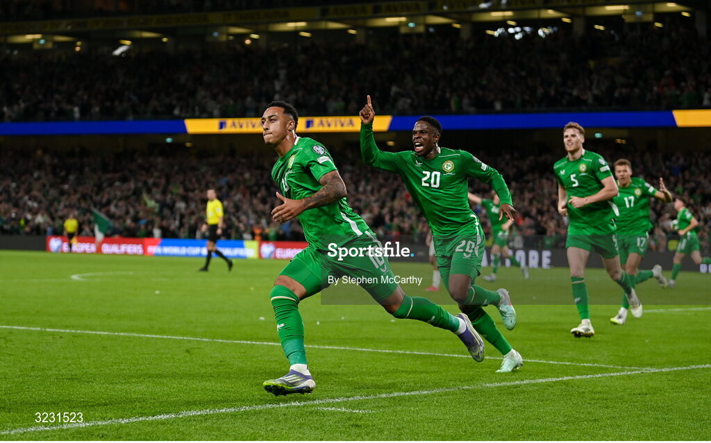 6 September 2025; Adam Idah of Republic of Ireland, 10, celebrates with teammate Chiedozie Ogbene, 20, after scoring their side's second goal during the FIFA World Cup 2026 Group F qualifying match between Republic of Ireland and Hungary at the Aviva Stadium in Dublin. Photo by Stephen McCarthy/Sportsfile