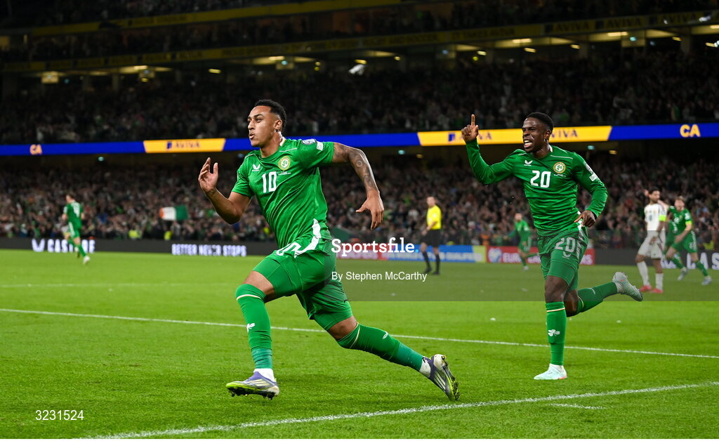 6 September 2025; Adam Idah of Republic of Ireland, 10, celebrates with teammate Chiedozie Ogbene, 20, after scoring their side's second goal during the FIFA World Cup 2026 Group F qualifying match between Republic of Ireland and Hungary at the Aviva Stadium in Dublin. Photo by Stephen McCarthy/Sportsfile
