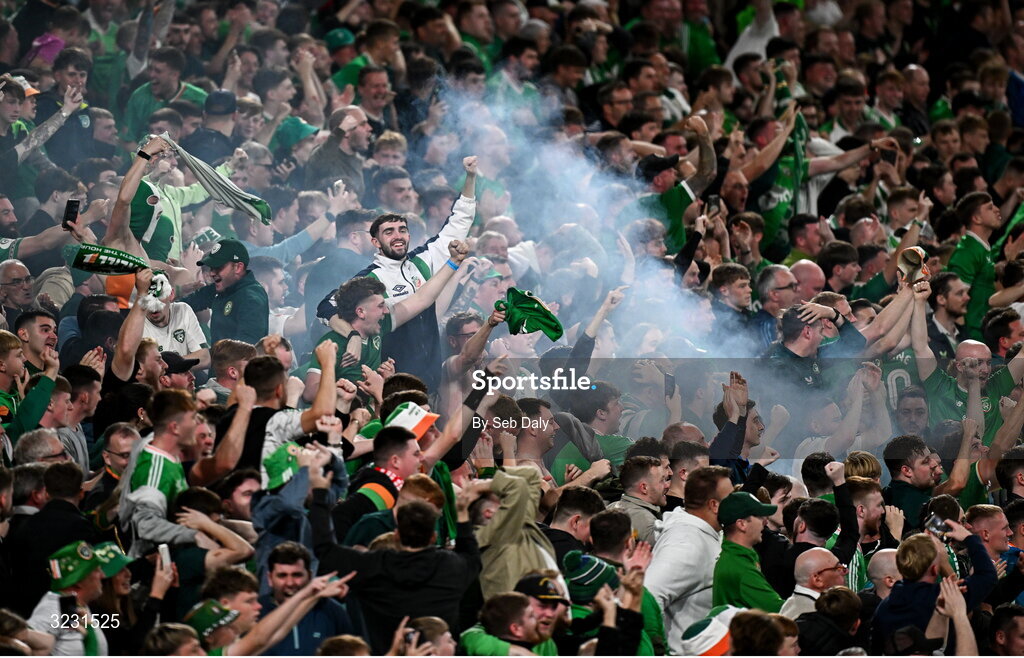 6 September 2025; Republic of Ireland supporters react to their side's second goal during the FIFA World Cup 2026 Group F qualifying match between Republic of Ireland and Hungary at the Aviva Stadium in Dublin. Photo by Seb Daly/Sportsfile