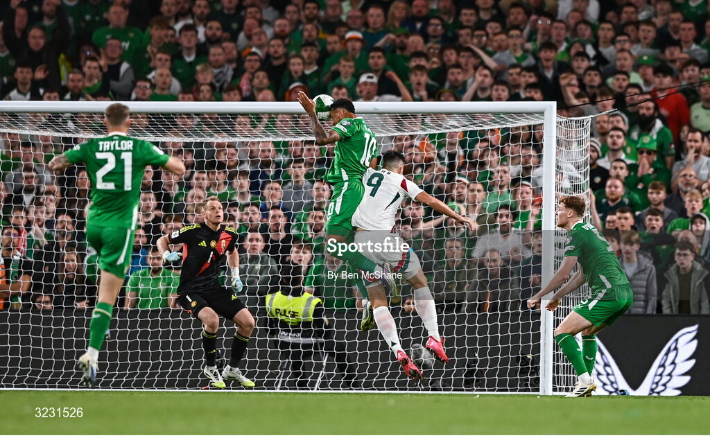 6 September 2025; Adam Idah of Republic of Ireland scores his side's second goal during the FIFA World Cup 2026 Group F qualifying match between Republic of Ireland and Hungary at the Aviva Stadium in Dublin. Photo by Ben McShane/Sportsfile