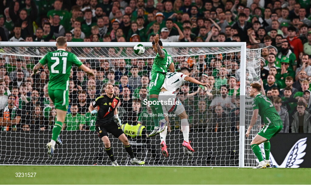 6 September 2025; Adam Idah of Republic of Ireland scores his side's second goal during the FIFA World Cup 2026 Group F qualifying match between Republic of Ireland and Hungary at the Aviva Stadium in Dublin. Photo by Ben McShane/Sportsfile
