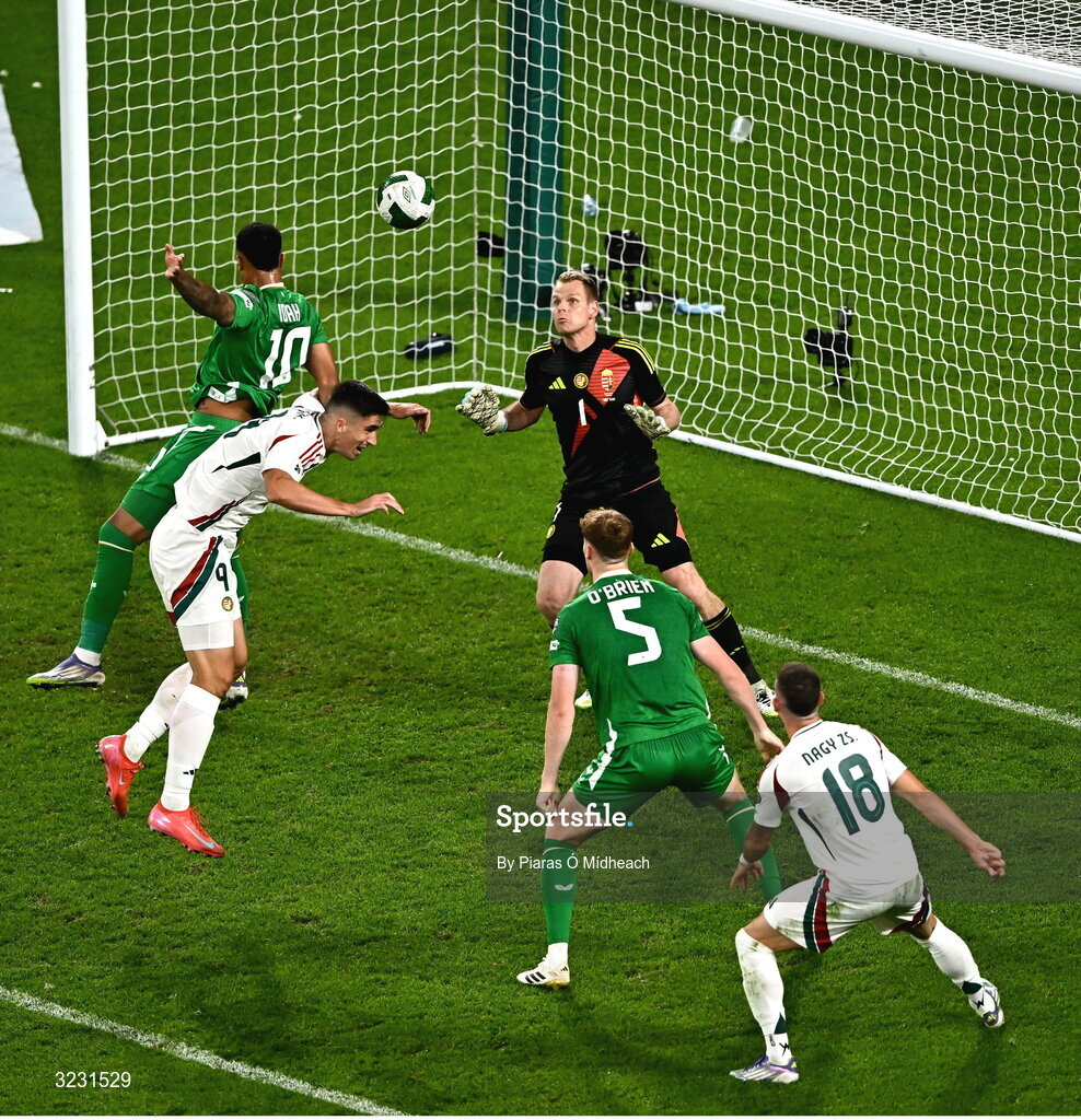6 September 2025; Adam Idah of Republic of Ireland scores his side's second goal during the FIFA World Cup 2026 Group F qualifying match between Republic of Ireland and Hungary at the Aviva Stadium in Dublin. Photo by Piaras Ó Mídheach/Sportsfile