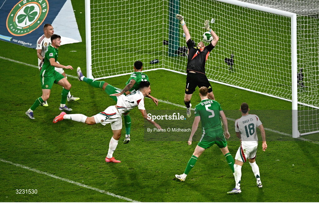 6 September 2025; Adam Idah of Republic of Ireland scores his side's second goal during the FIFA World Cup 2026 Group F qualifying match between Republic of Ireland and Hungary at the Aviva Stadium in Dublin. Photo by Piaras Ó Mídheach/Sportsfile