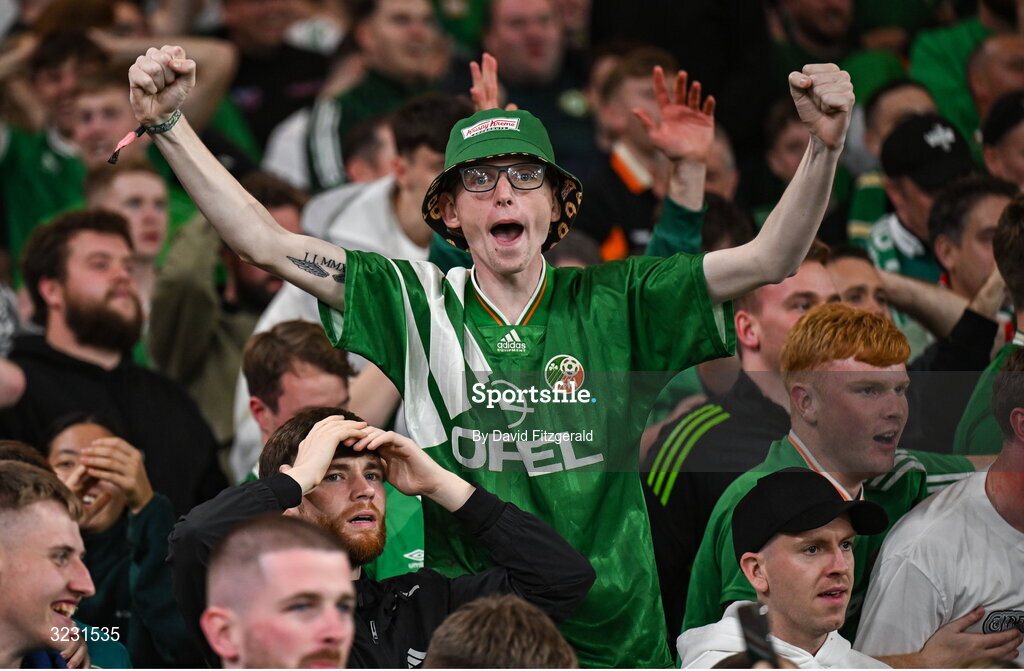 6 September 2025; Republic of Ireland supporters celebrate their side's equalising goal, scored by Adam Idah, not pictured, during the FIFA World Cup 2026 Group F qualifying match between Republic of Ireland and Hungary at the Aviva Stadium in Dublin. Photo by David Fitzgerald/Sportsfile