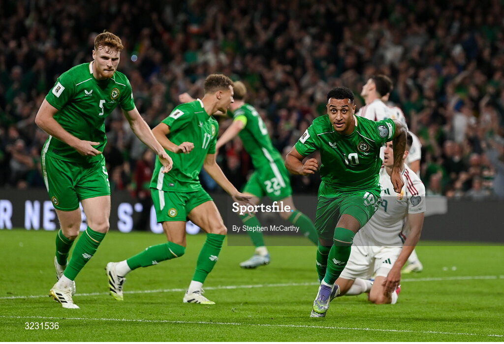 6 September 2025; Adam Idah of Republic of Ireland, 10, celebrates after scoring his side's second goal during the FIFA World Cup 2026 Group F qualifying match between Republic of Ireland and Hungary at the Aviva Stadium in Dublin. Photo by Stephen McCarthy/Sportsfile