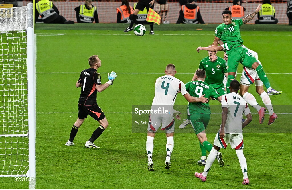 6 September 2025; Adam Idah of Republic of Ireland shoots to score his side's second goal during the FIFA World Cup 2026 Group F qualifying match between Republic of Ireland and Hungary at the Aviva Stadium in Dublin. Photo by Seb Daly/Sportsfile