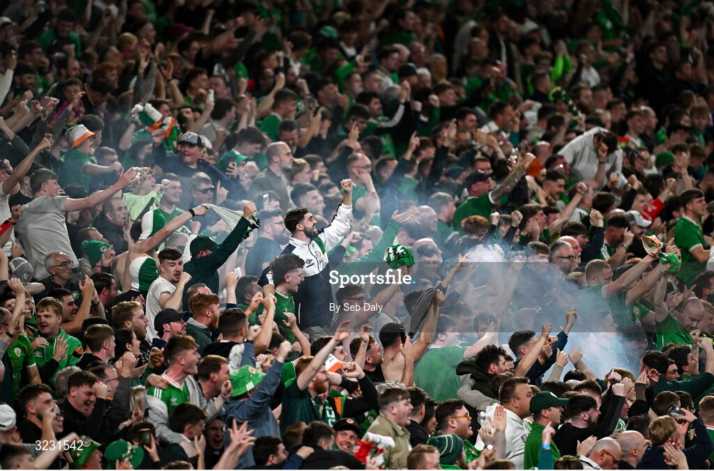 6 September 2025; Republic of Ireland supporters react to their side's second goal during the FIFA World Cup 2026 Group F qualifying match between Republic of Ireland and Hungary at the Aviva Stadium in Dublin. Photo by Seb Daly/Sportsfile