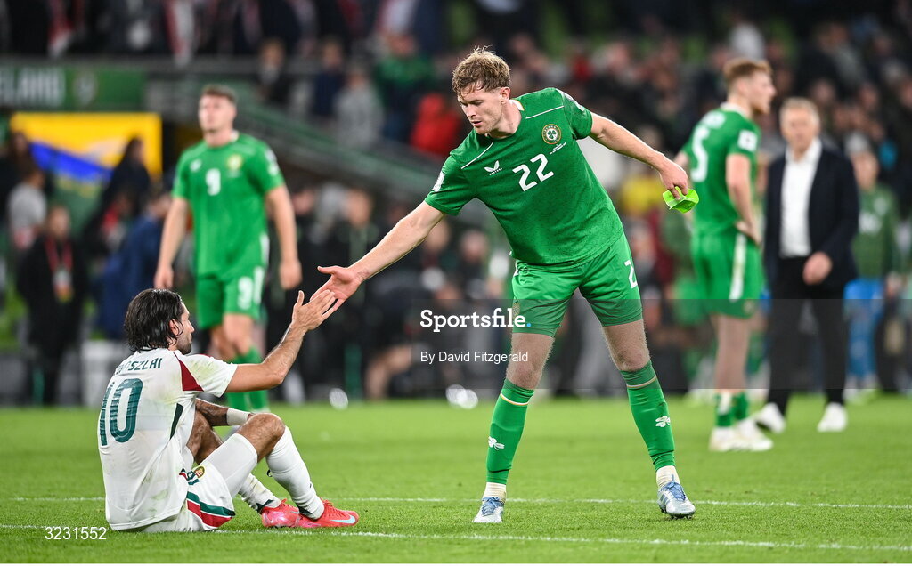 6 September 2025; Nathan Collins of Republic of Ireland, right, and Dominik Szoboszlai of Hungary after the FIFA World Cup 2026 Group F qualifying match between Republic of Ireland and Hungary at the Aviva Stadium in Dublin. Photo by David Fitzgerald/Sportsfile