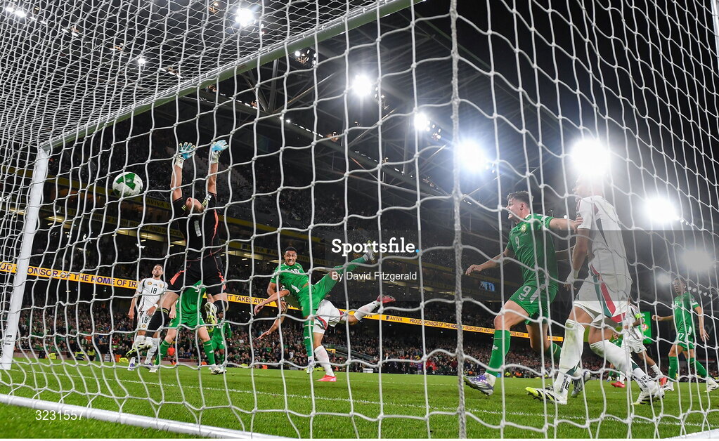6 September 2025; Adam Idah of Republic of Ireland scores his side's second and equalising goal during the FIFA World Cup 2026 Group F qualifying match between Republic of Ireland and Hungary at the Aviva Stadium in Dublin. Photo by David Fitzgerald/Sportsfile