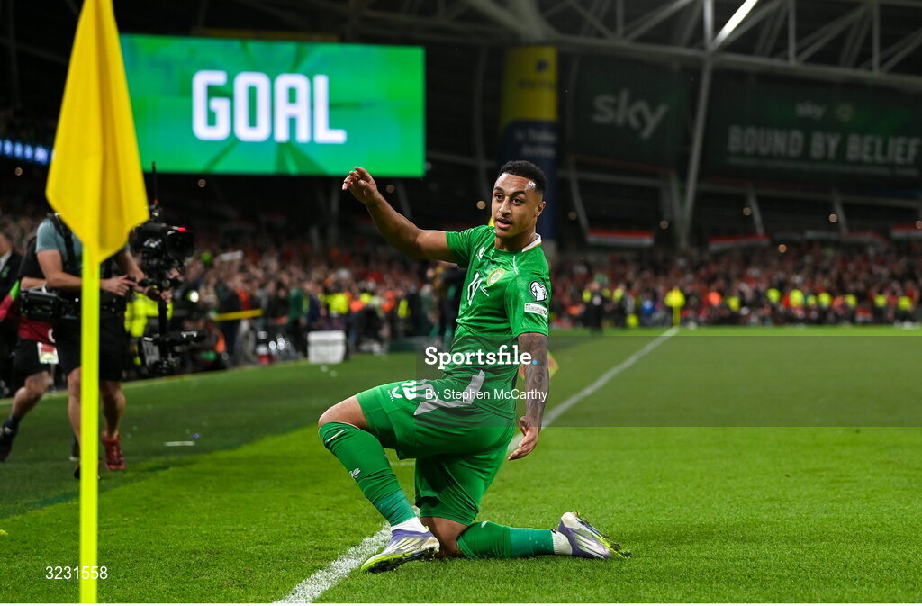 6 September 2025; Adam Idah of Republic of Ireland celebrates after scoring his side's second goal during the FIFA World Cup 2026 Group F qualifying match between Republic of Ireland and Hungary at the Aviva Stadium in Dublin. Photo by Stephen McCarthy/Sportsfile