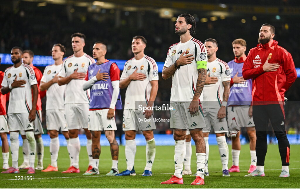 6 September 2025; Hungary players, including captain Dominik Szoboszlai, centre, acknowledge supporters after the FIFA World Cup 2026 Group F qualifying match between Republic of Ireland and Hungary at the Aviva Stadium in Dublin. Photo by Ben McShane/Sportsfile