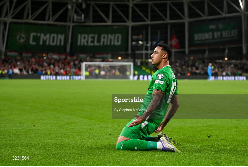 6 September 2025; Adam Idah of Republic of Ireland celebrates after scoring his side's second goal during the FIFA World Cup 2026 Group F qualifying match between Republic of Ireland and Hungary at the Aviva Stadium in Dublin. Photo by Stephen McCarthy/Sportsfile