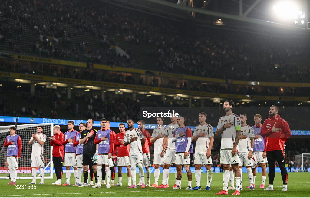 6 September 2025; Hungary players acknowledge supporters after the FIFA World Cup 2026 Group F qualifying match between Republic of Ireland and Hungary at the Aviva Stadium in Dublin. Photo by Ben McShane/Sportsfile