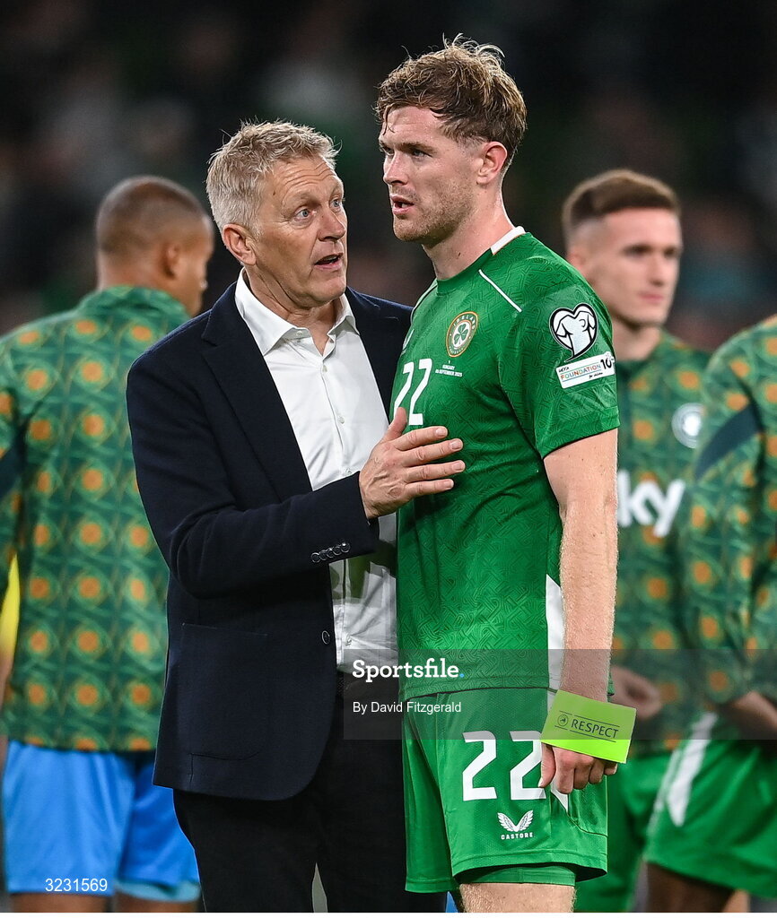 6 September 2025; Republic of Ireland head coach Heimir Hallgrimsson, left, and captain Nathan Collins after the FIFA World Cup 2026 Group F qualifying match between Republic of Ireland and Hungary at the Aviva Stadium in Dublin. Photo by David Fitzgerald/Sportsfile