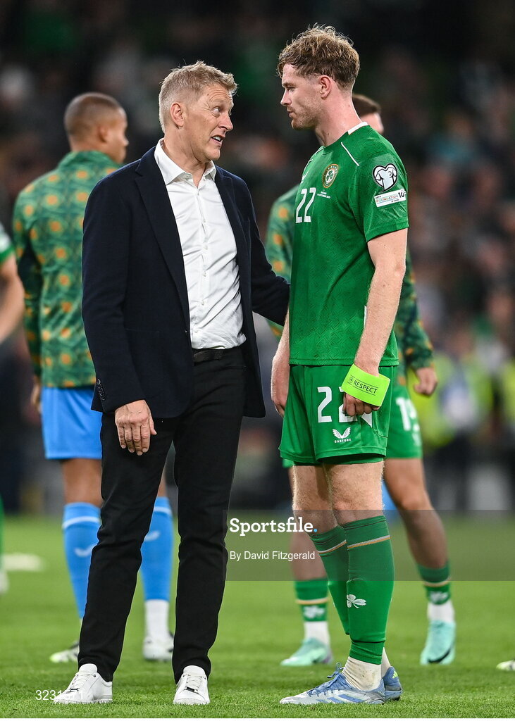 6 September 2025; Republic of Ireland head coach Heimir Hallgrimsson, left, and captain Nathan Collins after the FIFA World Cup 2026 Group F qualifying match between Republic of Ireland and Hungary at the Aviva Stadium in Dublin. Photo by David Fitzgerald/Sportsfile
