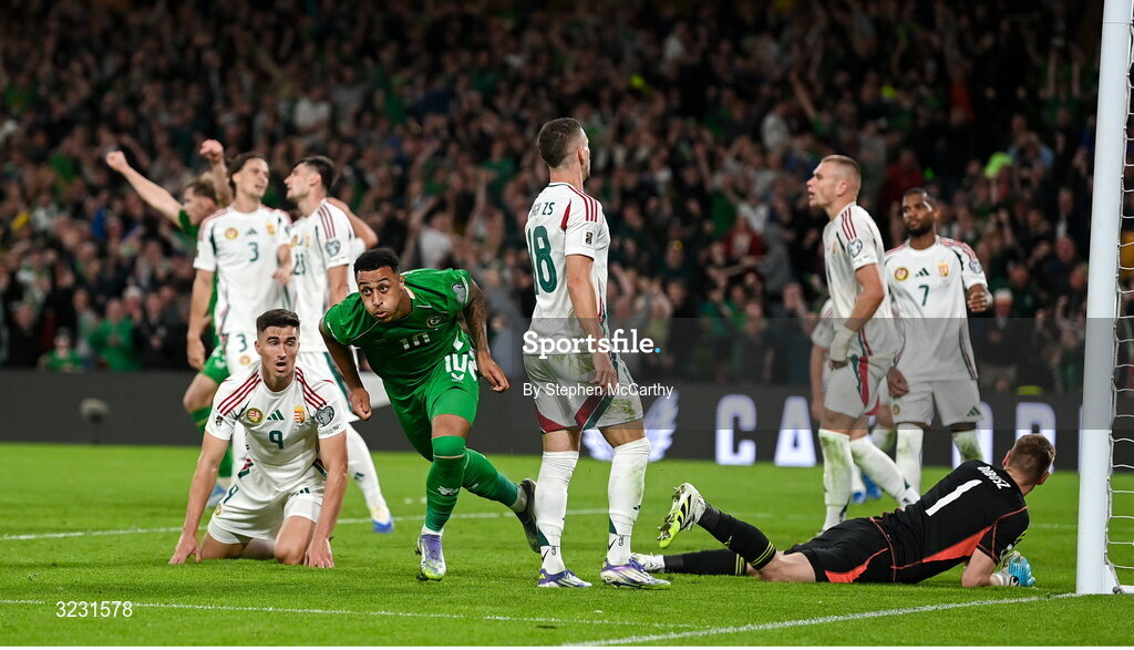 6 September 2025; Adam Idah of Republic of Ireland celebrates after scoring his side's second goal during the FIFA World Cup 2026 Group F qualifying match between Republic of Ireland and Hungary at the Aviva Stadium in Dublin. Photo by Stephen McCarthy/Sportsfile
