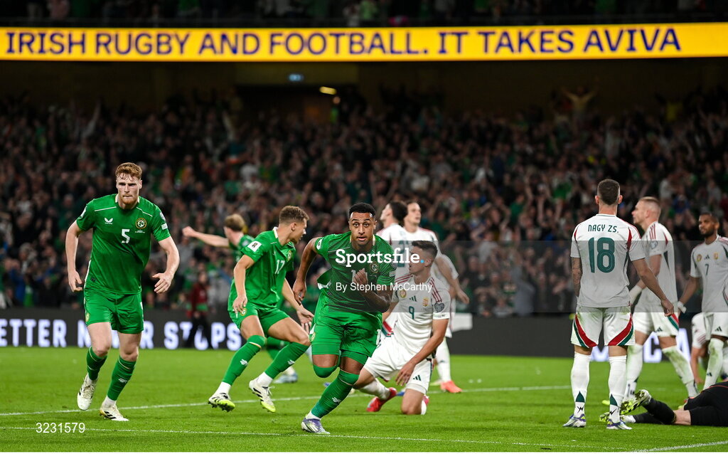 6 September 2025; Adam Idah of Republic of Ireland celebrates after scoring his side's second goal during the FIFA World Cup 2026 Group F qualifying match between Republic of Ireland and Hungary at the Aviva Stadium in Dublin. Photo by Stephen McCarthy/Sportsfile