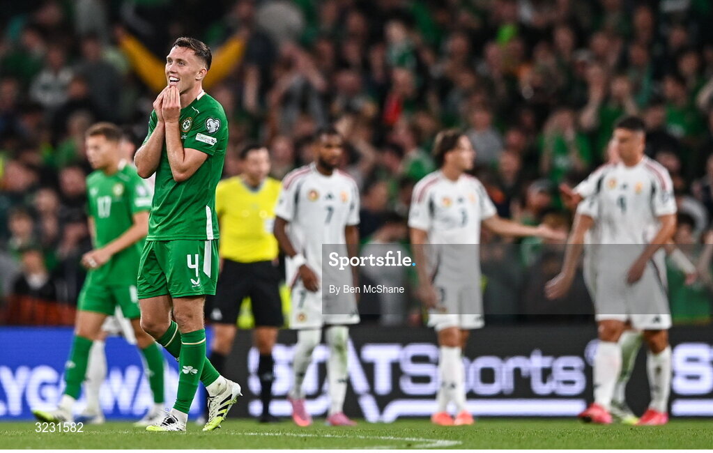 6 September 2025; Dara O'Shea of Republic of Ireland reacts at the final whistle of the FIFA World Cup 2026 Group F qualifying match between Republic of Ireland and Hungary at the Aviva Stadium in Dublin. Photo by Ben McShane/Sportsfile