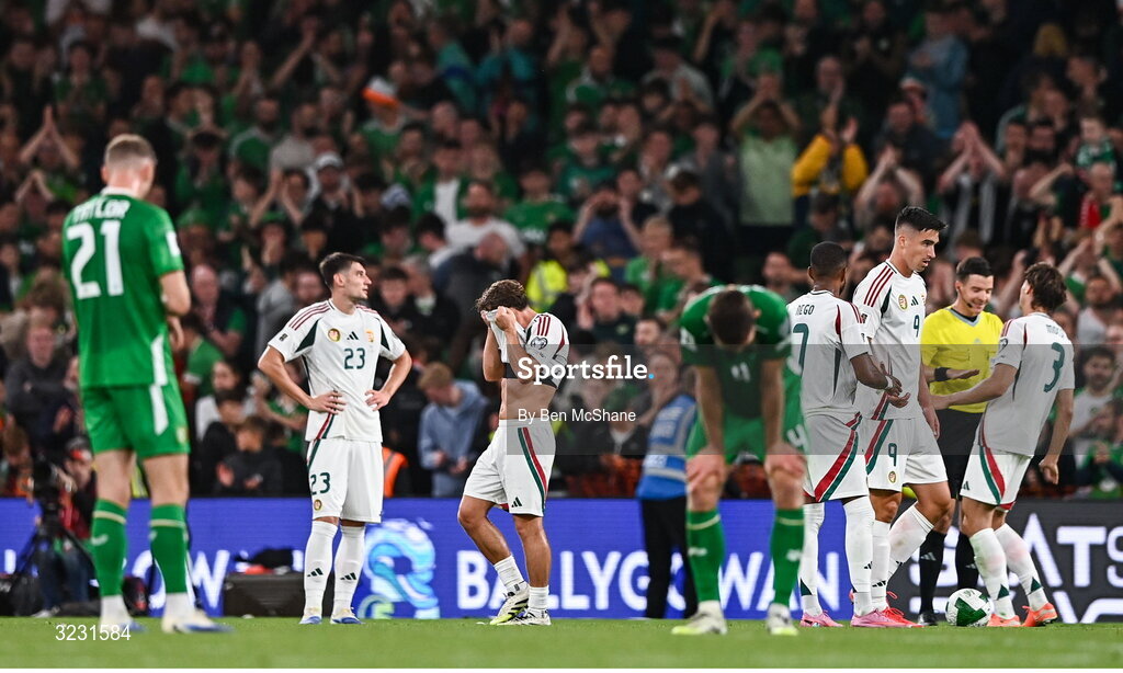 6 September 2025; Players react at the final whistle of the FIFA World Cup 2026 Group F qualifying match between Republic of Ireland and Hungary at the Aviva Stadium in Dublin. Photo by Ben McShane/Sportsfile