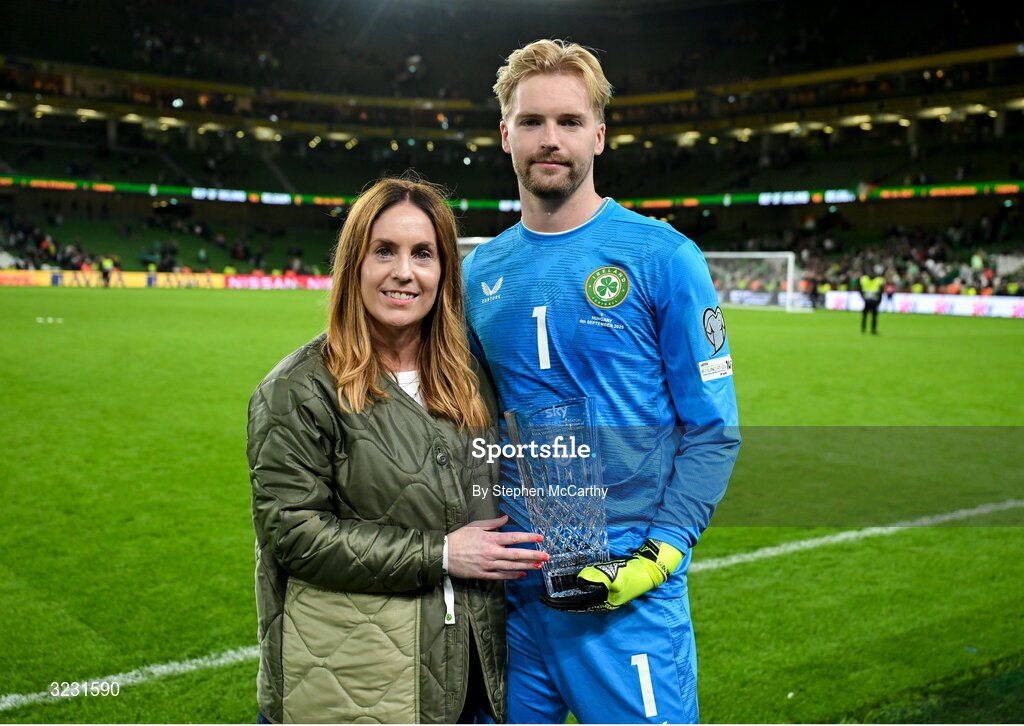 6 September 2025; Republic of Ireland goalkeeper Caoimhin Kelleher is presented with the Player of the Match award by Director of Marketing and Brand at Sky Ireland is Caroline Donnellan after the FIFA World Cup 2026 Group F qualifying match between Republic of Ireland and Hungary at the Aviva Stadium in Dublin. Photo by Stephen McCarthy/Sportsfile
