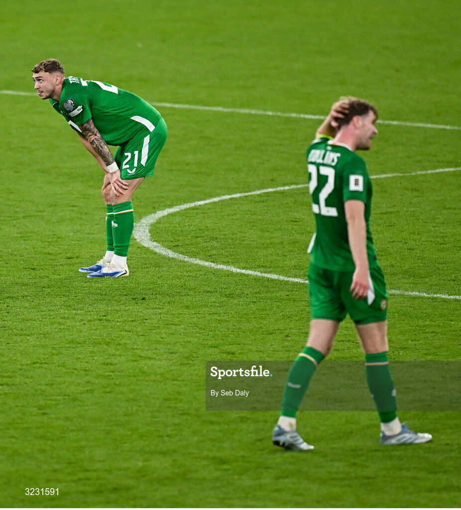 6 September 2025; Jack Taylor, left, and Nathan Collins of Republic of Ireland after the FIFA World Cup 2026 Group F qualifying match between Republic of Ireland and Hungary at the Aviva Stadium in Dublin. Photo by Seb Daly/Sportsfile
