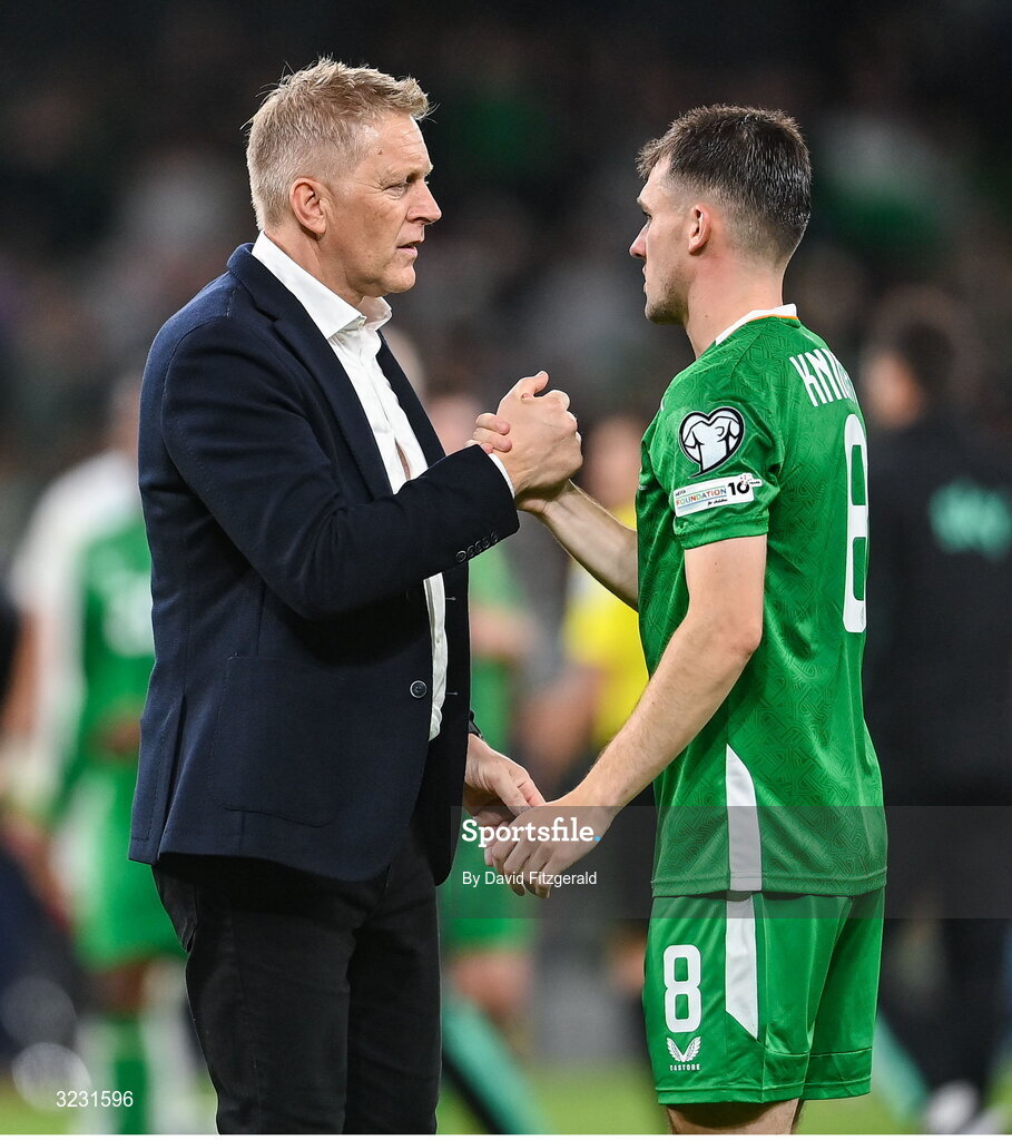 6 September 2025; Republic of Ireland head coach Heimir Hallgrimsson, left, and Jason Knight after the FIFA World Cup 2026 Group F qualifying match between Republic of Ireland and Hungary at the Aviva Stadium in Dublin. Photo by David Fitzgerald/Sportsfile