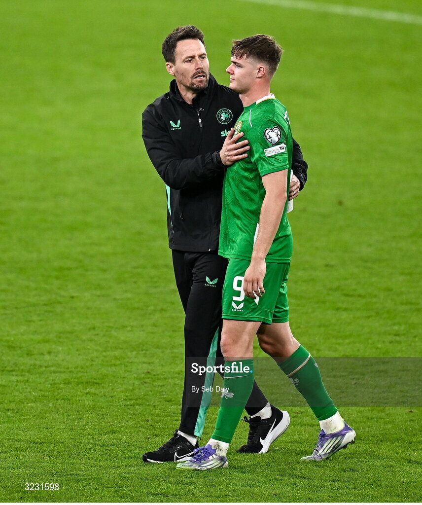 6 September 2025; Evan Ferguson of Republic of Ireland, right, with assistant coach Paddy McCarthy after the FIFA World Cup 2026 Group F qualifying match between Republic of Ireland and Hungary at the Aviva Stadium in Dublin. Photo by Seb Daly/Sportsfile