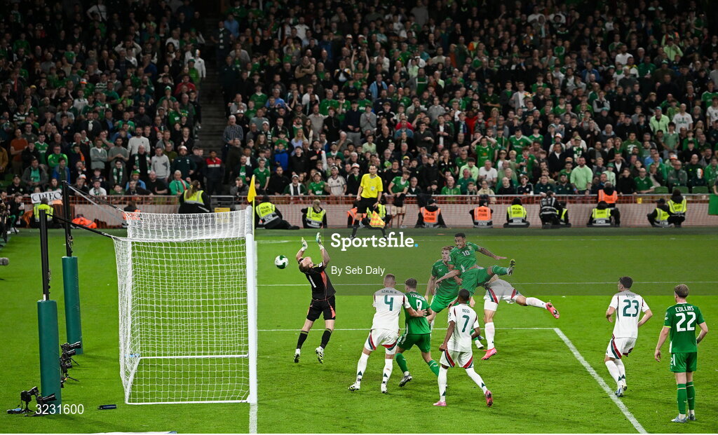6 September 2025; Adam Idah of Republic of Ireland shoots to score his side's second goal during the FIFA World Cup 2026 Group F qualifying match between Republic of Ireland and Hungary at the Aviva Stadium in Dublin. Photo by Seb Daly/Sportsfile