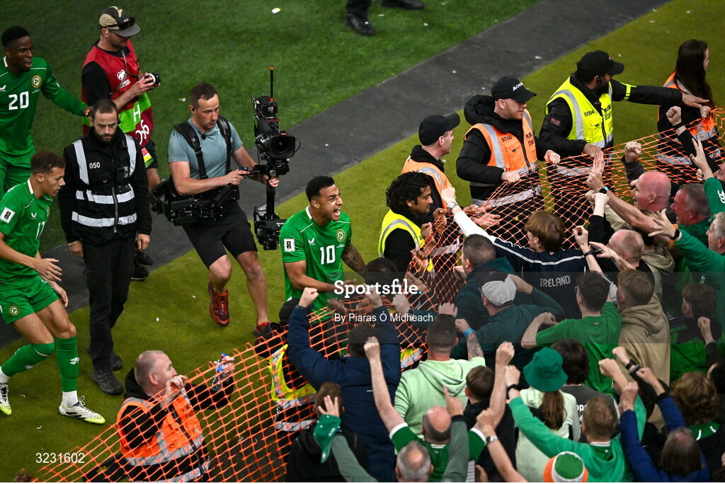 6 September 2025; Adam Idah of Republic of Ireland celebrates with supporters after scoring their side's second goal during the FIFA World Cup 2026 Group F qualifying match between Republic of Ireland and Hungary at the Aviva Stadium in Dublin. Photo by Piaras Ó Mídheach/Sportsfile
