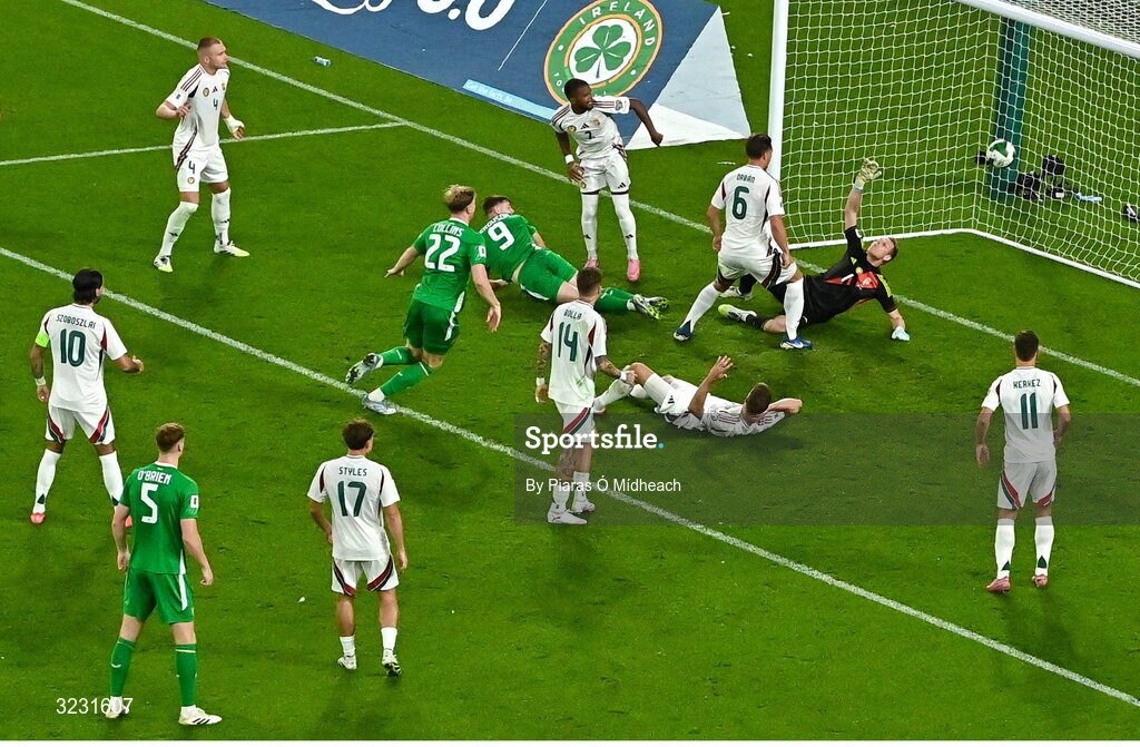 6 September 2025; Adam Idah of Republic of Ireland shoots to score his side's second goal during the FIFA World Cup 2026 Group F qualifying match between Republic of Ireland and Hungary at the Aviva Stadium in Dublin. Photo by Piaras Ó Mídheach/Sportsfile