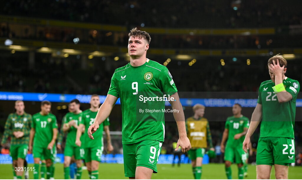 6 September 2025; Evan Ferguson, centre, and Nathan Collins of Republic of Ireland after the FIFA World Cup 2026 Group F qualifying match between Republic of Ireland and Hungary at the Aviva Stadium in Dublin. Photo by Stephen McCarthy/Sportsfile