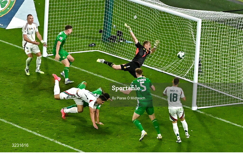 6 September 2025; Adam Idah of Republic of Ireland shoots to score his side's second goal during the FIFA World Cup 2026 Group F qualifying match between Republic of Ireland and Hungary at the Aviva Stadium in Dublin. Photo by Piaras Ó Mídheach/Sportsfile