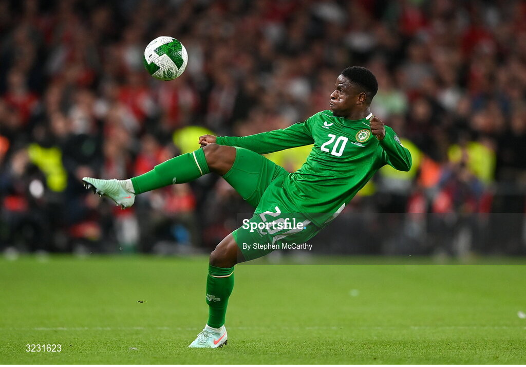 6 September 2025; Chiedozie Ogbene of Republic of Ireland during the FIFA World Cup 2026 Group F qualifying match between Republic of Ireland and Hungary at the Aviva Stadium in Dublin. Photo by Stephen McCarthy/Sportsfile