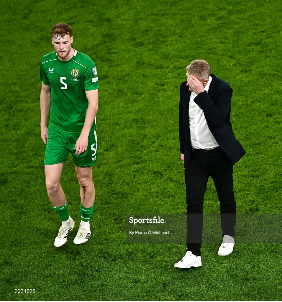 6 September 2025; Republic of Ireland head coach Heimir Hallgrimsson, right, and Jake O'Brien after the FIFA World Cup 2026 Group F qualifying match between Republic of Ireland and Hungary at the Aviva Stadium in Dublin. Photo by Piaras Ó Mídheach/Sportsfile