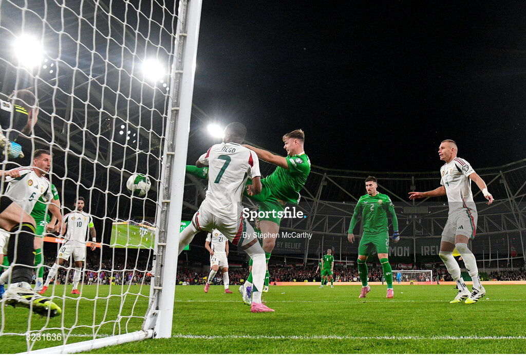 6 September 2025; Evan Ferguson of Republic of Ireland scores his side's first goal during the FIFA World Cup 2026 Group F qualifying match between Republic of Ireland and Hungary at the Aviva Stadium in Dublin. Photo by Stephen McCarthy/Sportsfile