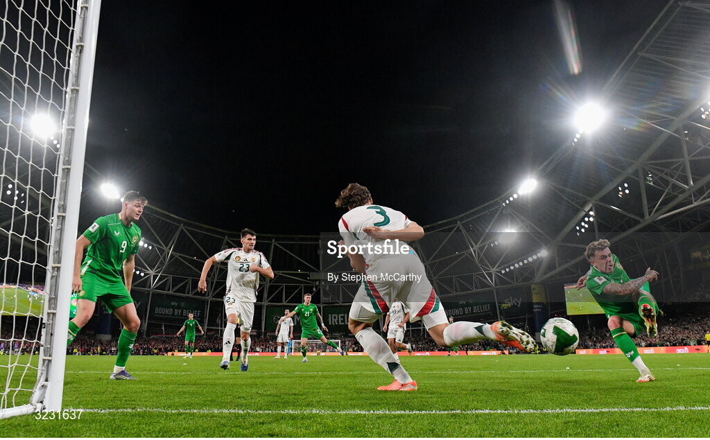 6 September 2025; Sammie Szmodics of Republic of Ireland has a shot blocked by Attila Mocsi of Hungary during the FIFA World Cup 2026 Group F qualifying match between Republic of Ireland and Hungary at the Aviva Stadium in Dublin. Photo by Stephen McCarthy/Sportsfile