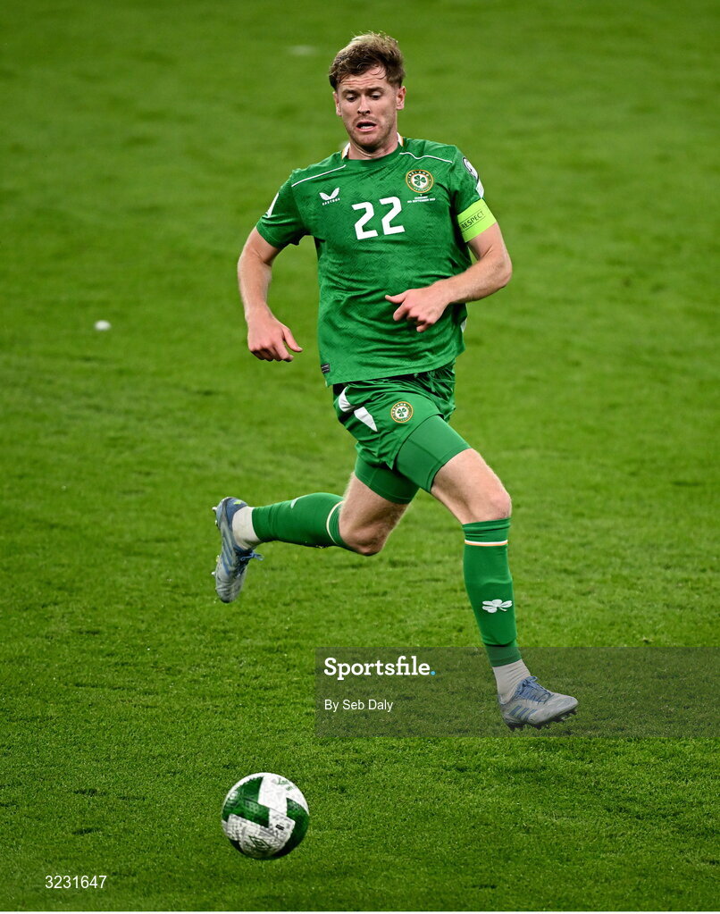 6 September 2025; Nathan Collins of Republic of Ireland during the FIFA World Cup 2026 Group F qualifying match between Republic of Ireland and Hungary at the Aviva Stadium in Dublin. Photo by Seb Daly/Sportsfile