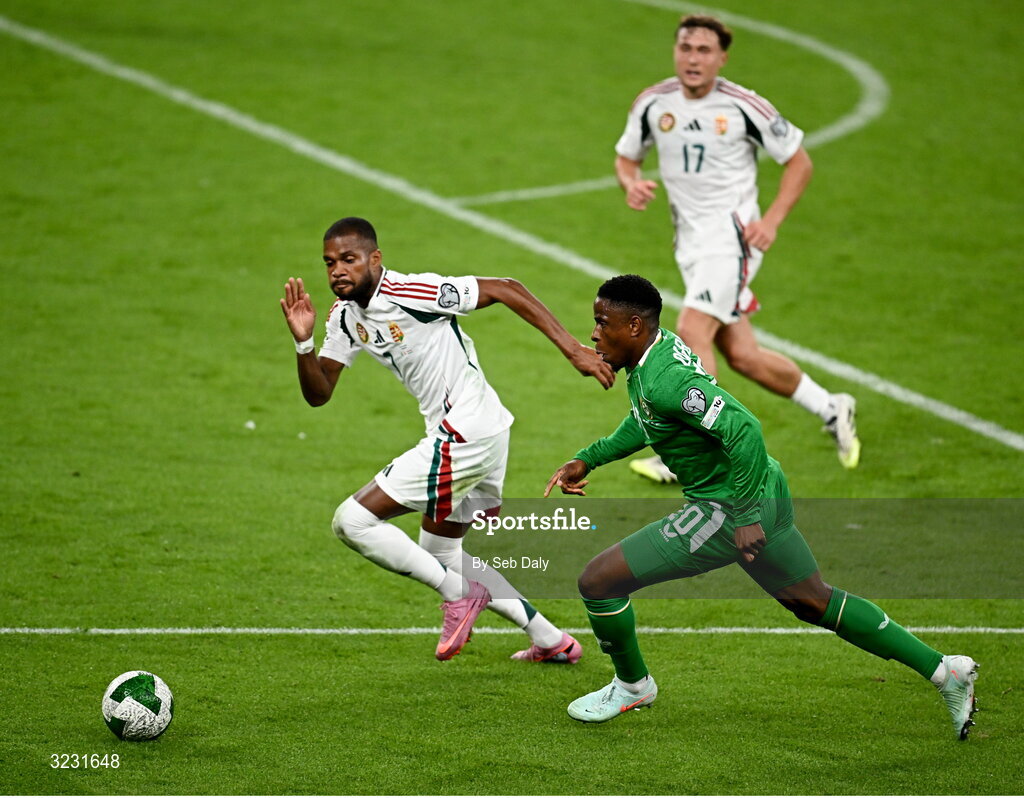 6 September 2025; Chiedozie Ogbene of Republic of Ireland in action against Loic Nego of Hungary during the FIFA World Cup 2026 Group F qualifying match between Republic of Ireland and Hungary at the Aviva Stadium in Dublin. Photo by Seb Daly/Sportsfile