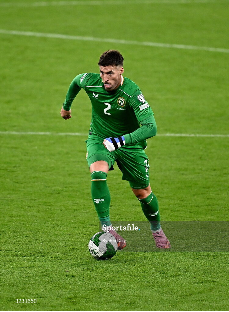6 September 2025; Matt Doherty of Republic of Ireland during the FIFA World Cup 2026 Group F qualifying match between Republic of Ireland and Hungary at the Aviva Stadium in Dublin. Photo by Seb Daly/Sportsfile