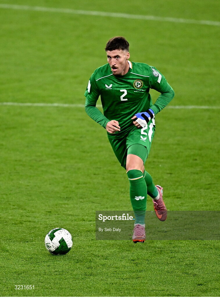 6 September 2025; Matt Doherty of Republic of Ireland during the FIFA World Cup 2026 Group F qualifying match between Republic of Ireland and Hungary at the Aviva Stadium in Dublin. Photo by Seb Daly/Sportsfile