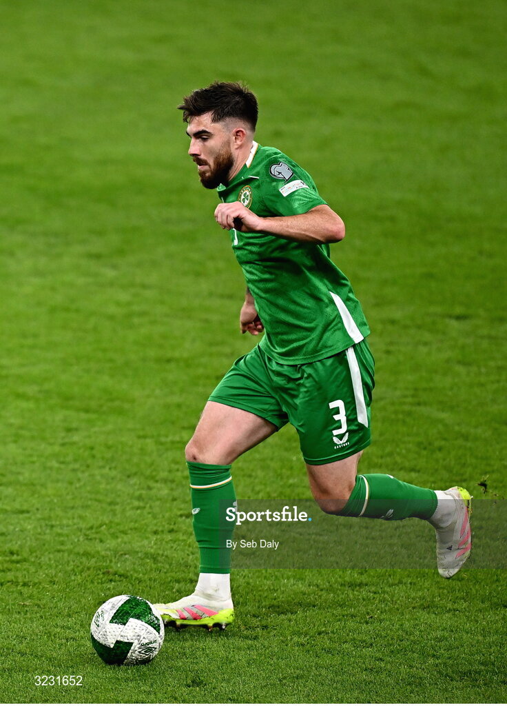 6 September 2025; Ryan Manning of Republic of Ireland during the FIFA World Cup 2026 Group F qualifying match between Republic of Ireland and Hungary at the Aviva Stadium in Dublin. Photo by Seb Daly/Sportsfile
