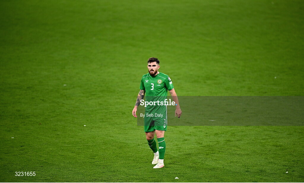 6 September 2025; Ryan Manning of Republic of Ireland during the FIFA World Cup 2026 Group F qualifying match between Republic of Ireland and Hungary at the Aviva Stadium in Dublin. Photo by Seb Daly/Sportsfile