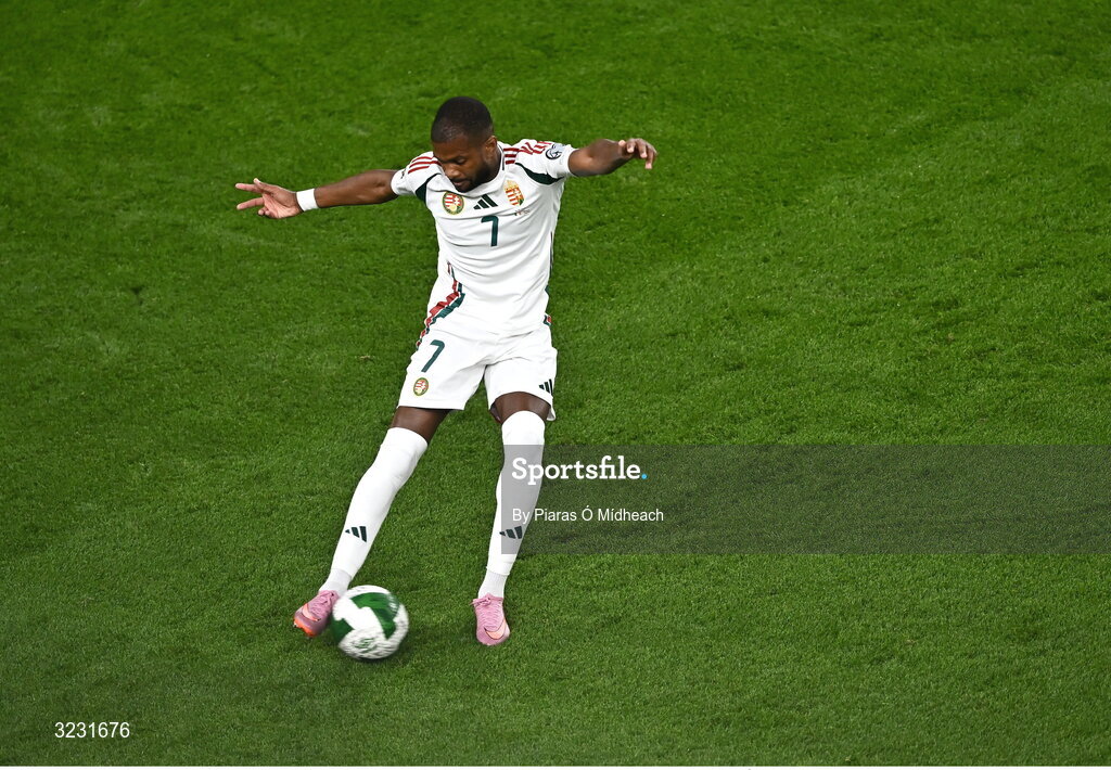 6 September 2025; Loic Nego of Hungary during the FIFA World Cup 2026 Group F qualifying match between Republic of Ireland and Hungary at the Aviva Stadium in Dublin. Photo by Piaras Ó Mídheach/Sportsfile