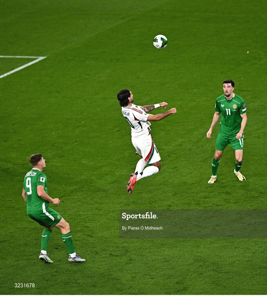 6 September 2025; Dominik Szoboszlai of Hungary jumps for a header as Evan Ferguson, 9, and Finn Azaz of Republic of Ireland look on during the FIFA World Cup 2026 Group F qualifying match between Republic of Ireland and Hungary at the Aviva Stadium in Dublin. Photo by Piaras Ó Mídheach/Sportsfile