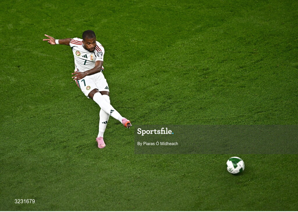 6 September 2025; Loic Nego of Hungary during the FIFA World Cup 2026 Group F qualifying match between Republic of Ireland and Hungary at the Aviva Stadium in Dublin. Photo by Piaras Ó Mídheach/Sportsfile
