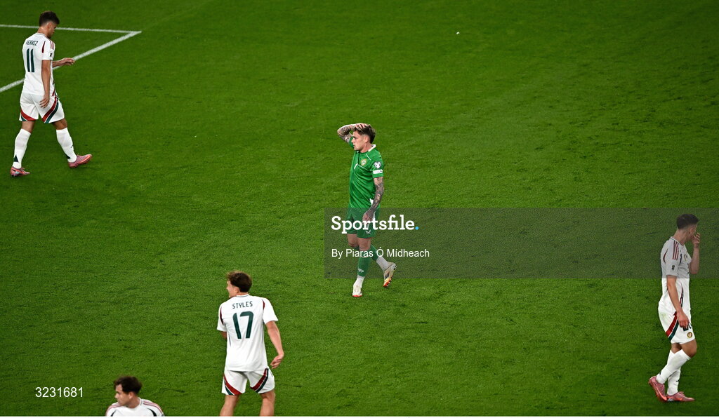 6 September 2025; Sammie Szmodics of Republic of Ireland reacts after a missed chance during the FIFA World Cup 2026 Group F qualifying match between Republic of Ireland and Hungary at the Aviva Stadium in Dublin. Photo by Piaras Ó Mídheach/Sportsfile