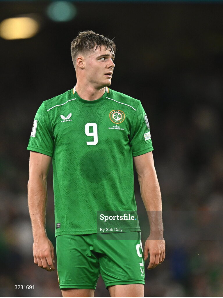 6 September 2025; Evan Ferguson of Republic of Ireland during the FIFA World Cup 2026 Group F qualifying match between Republic of Ireland and Hungary at the Aviva Stadium in Dublin. Photo by Seb Daly/Sportsfile