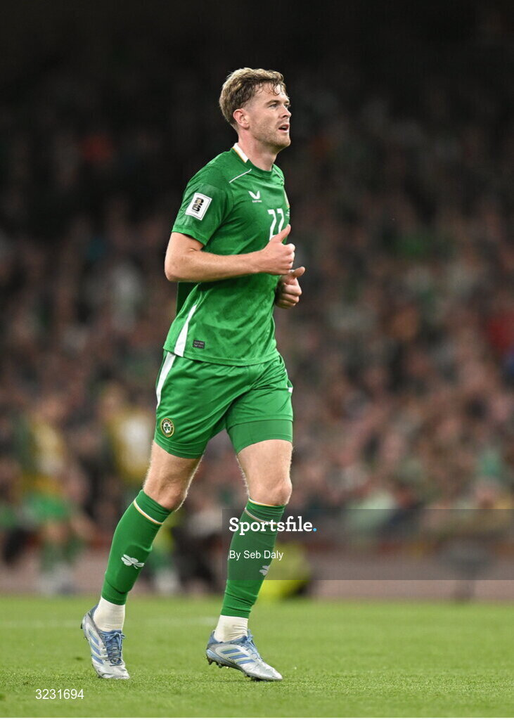 6 September 2025; Nathan Collins of Republic of Ireland during the FIFA World Cup 2026 Group F qualifying match between Republic of Ireland and Hungary at the Aviva Stadium in Dublin. Photo by Seb Daly/Sportsfile