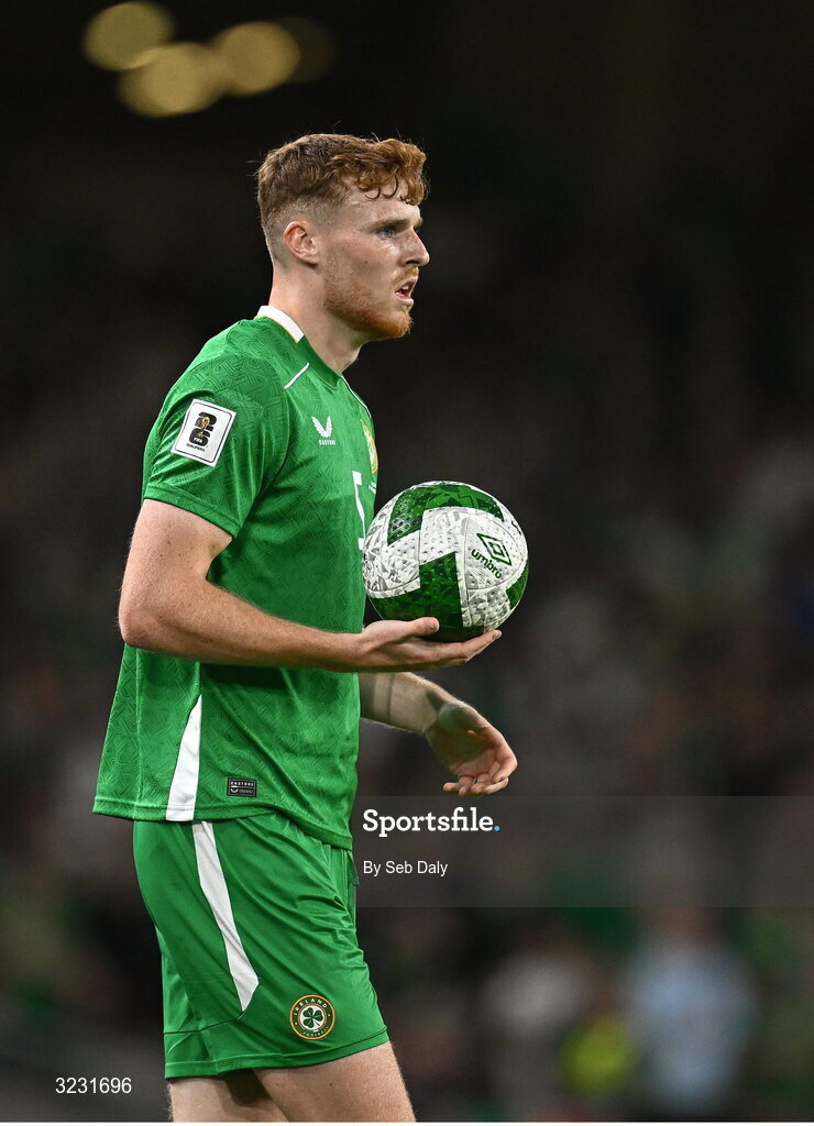 6 September 2025; Jake O'Brien of Republic of Ireland during the FIFA World Cup 2026 Group F qualifying match between Republic of Ireland and Hungary at the Aviva Stadium in Dublin. Photo by Seb Daly/Sportsfile
